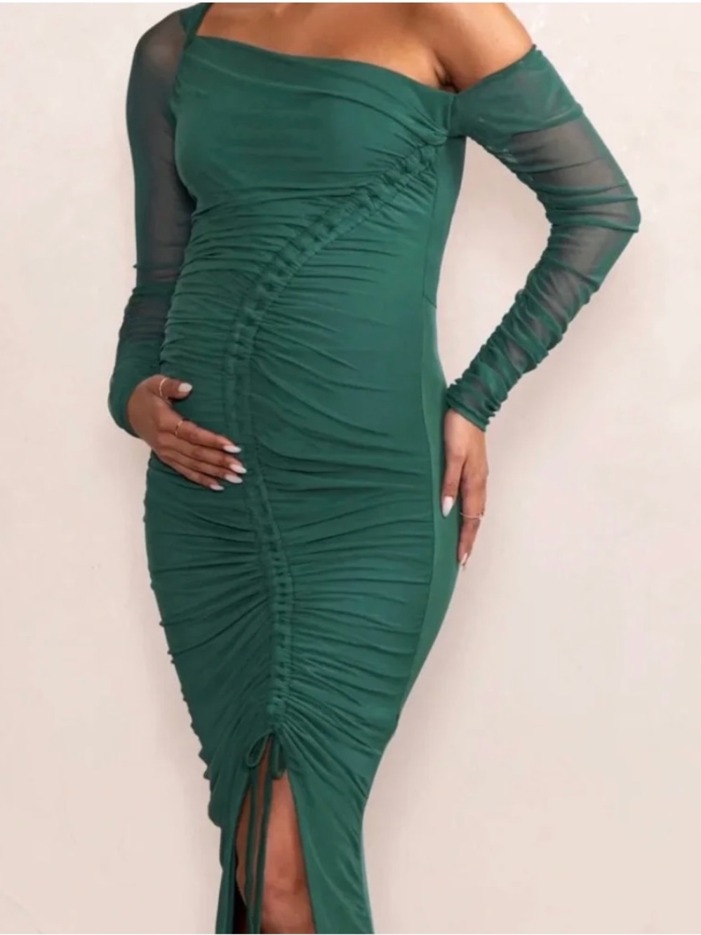 Off-Shoulder Ruched Midi Dress in Emerald Green